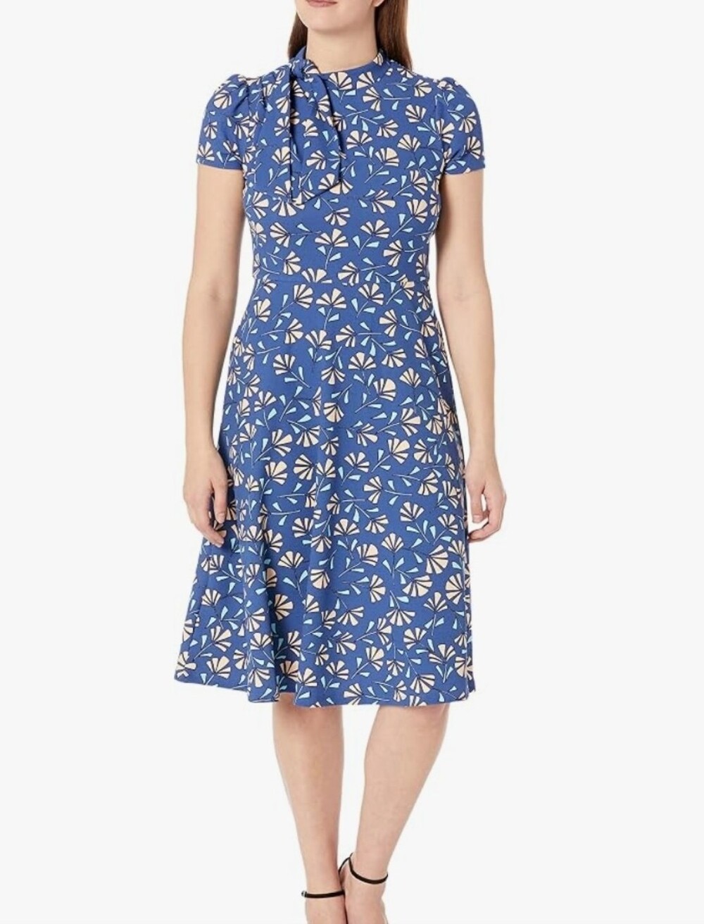 London Times Blue Floral Tie-Neck Midi Dress with White Fan Print - Size 14W